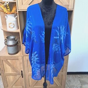 Endless Designs Lg Oversized Chiffon Kimono Open Front Blue Leaf Pattern Beachy